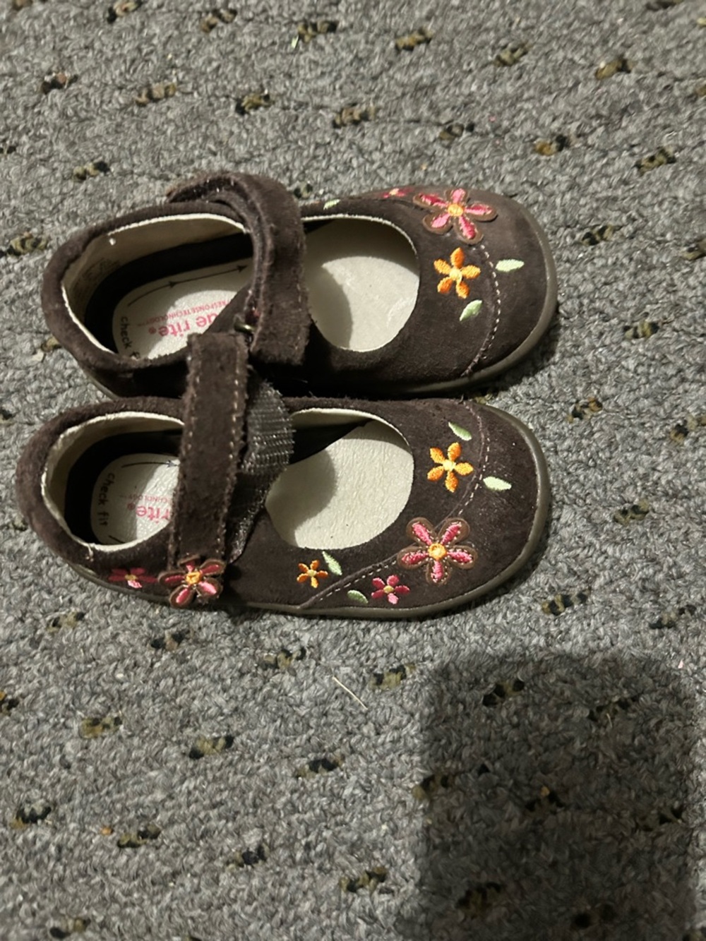 Stride Rite Brown Mary Jane Shoes with Pink and Orange Floral Embroidery